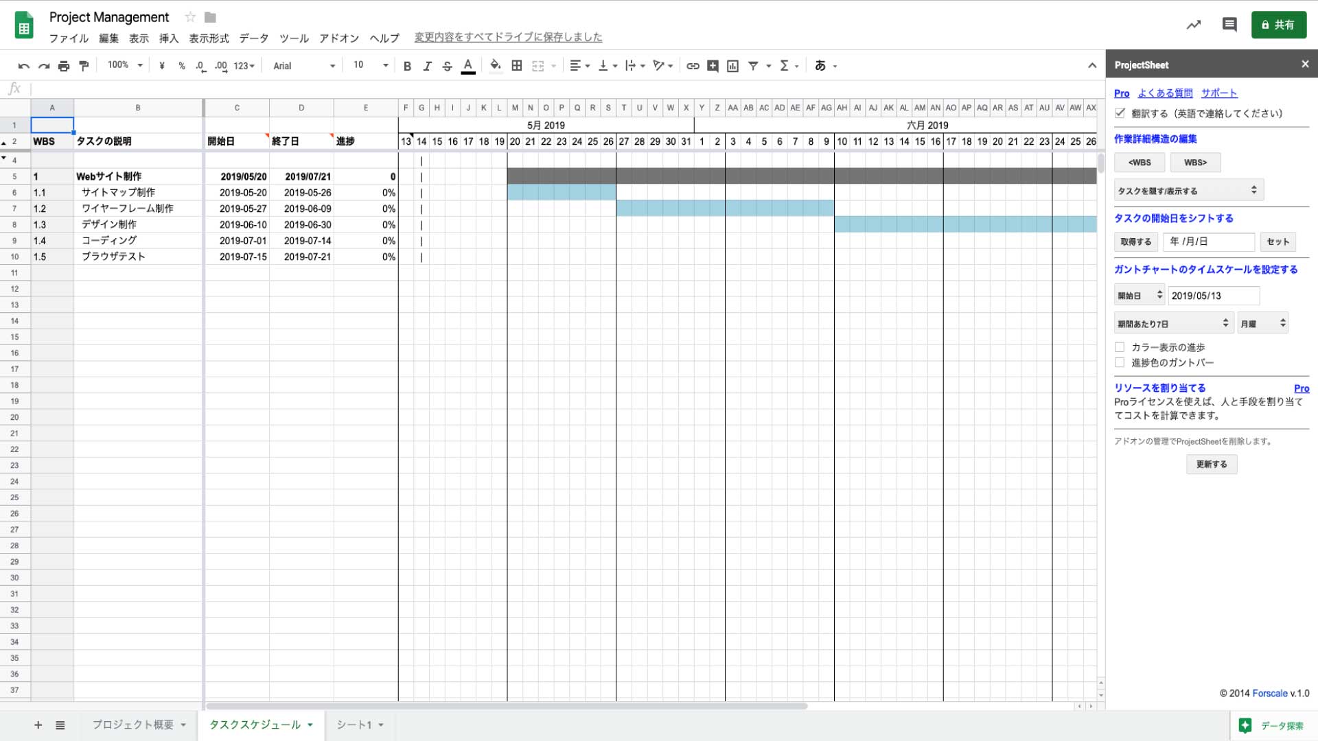 Googleスプレッドシートをガントチャート化するアドオン Projectsheet